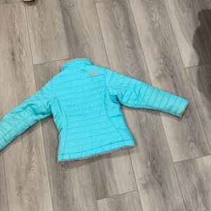 kids teal north face coat with soft inside